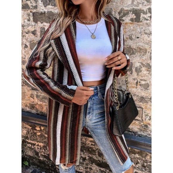 Tweed Striped Waterfall Front Belted Coat Brown - Picture 11 of 12